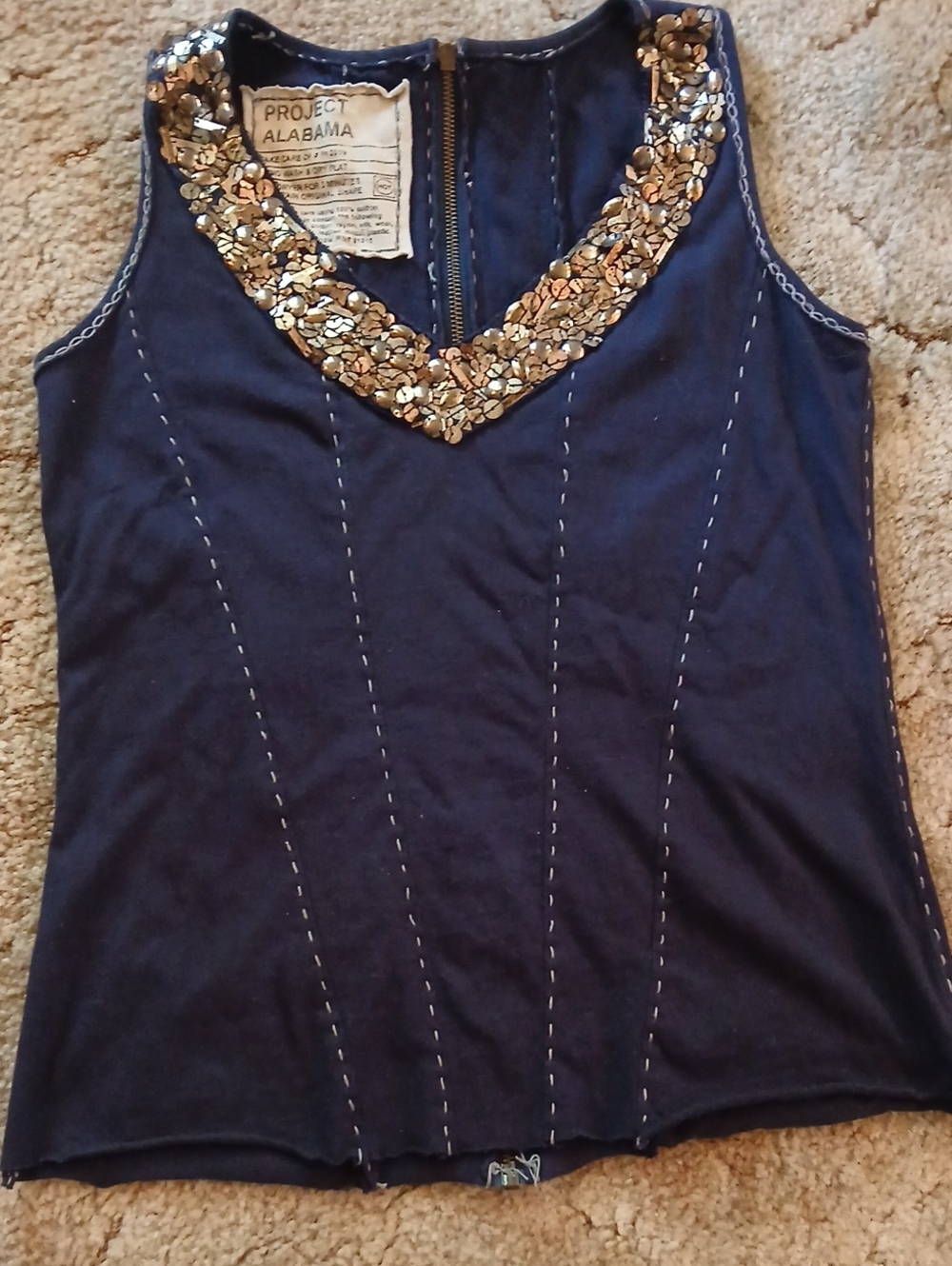 Project Alabama Navy Sleeveless Tank with Gold Sequin V-Neck